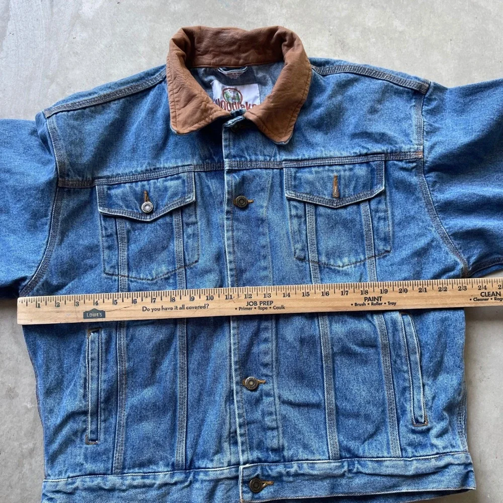 Woodlake Mens Denim Trucker Jacket Blue Medium Wash Leather Collar Large L